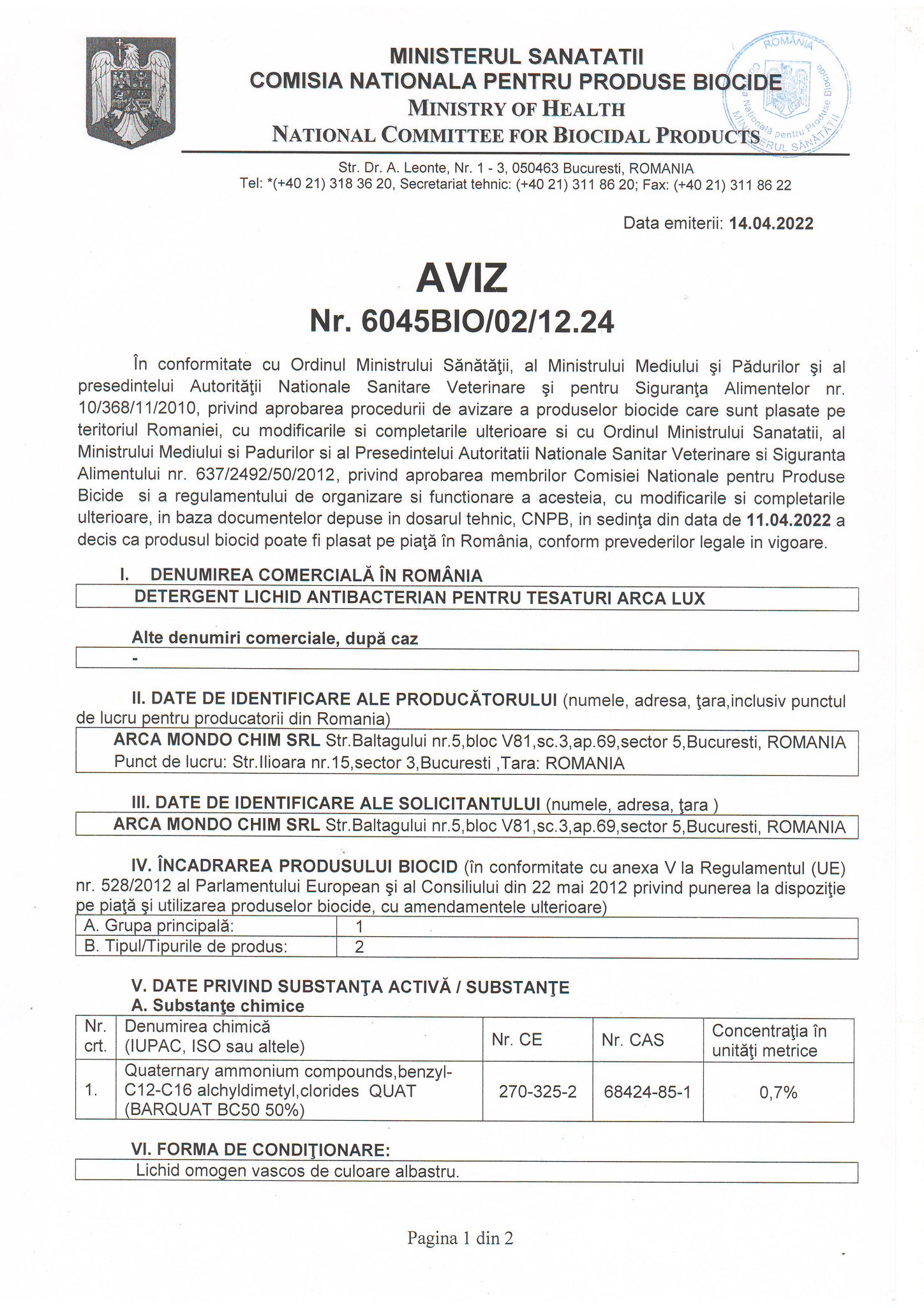 Detergent lichid antibacterian pentru tesaturi, Produs biocid, Arca Lux, bidon 20 L