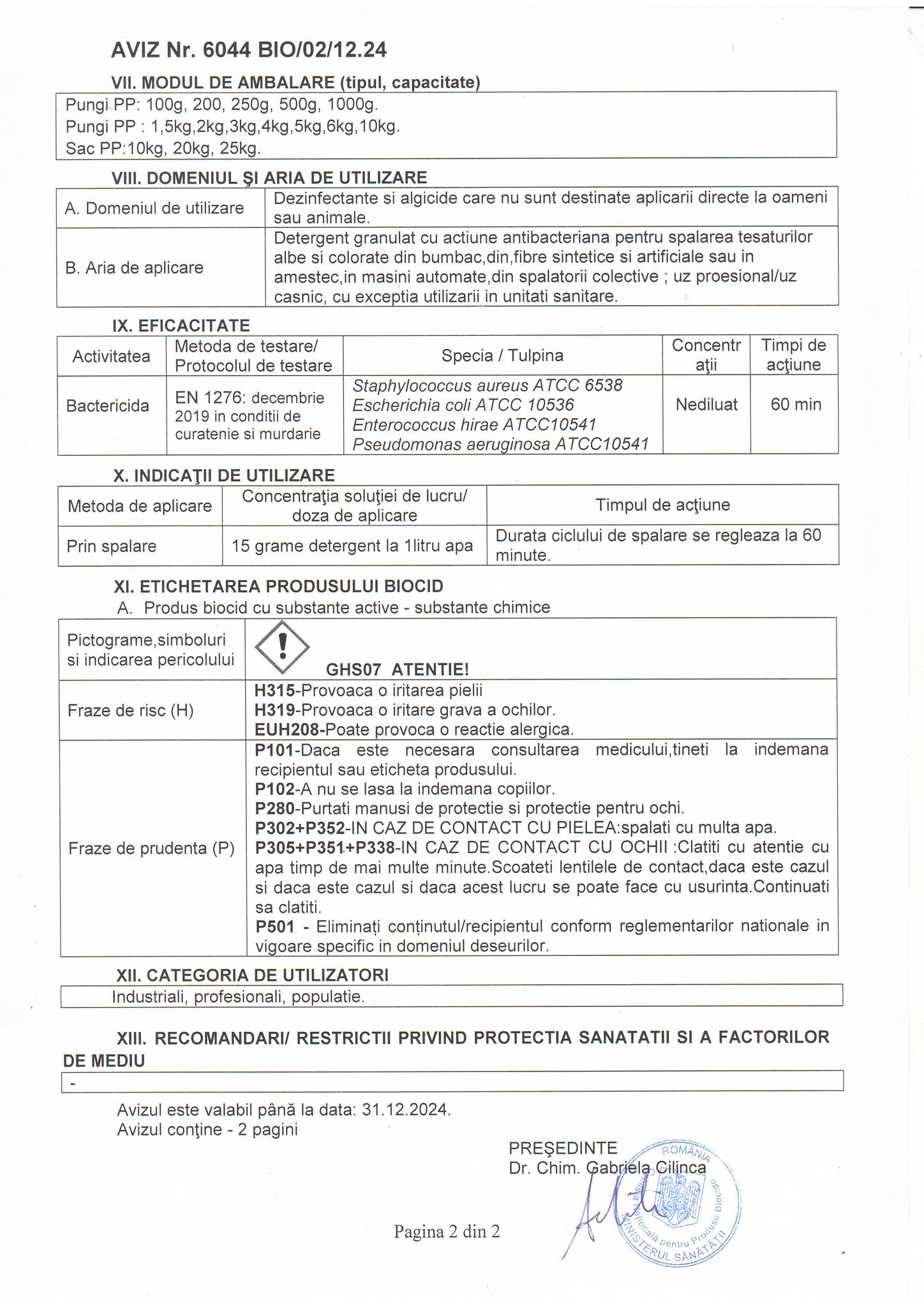Detergent praf antibacterian, Produs biocid, Arca Lux, Sac 20 KG