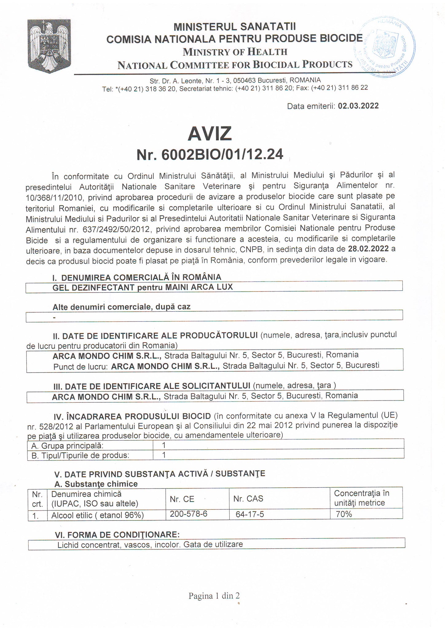 Dezinfectant 'Biocid' pentru maini Arca Lux,40 buc x 100 ml
