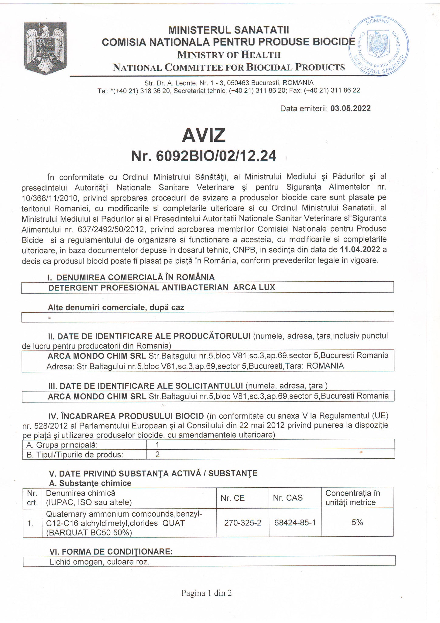 Detergent profesional antibacterian, Produs Biocid, Arca Lux, bidon 20 L