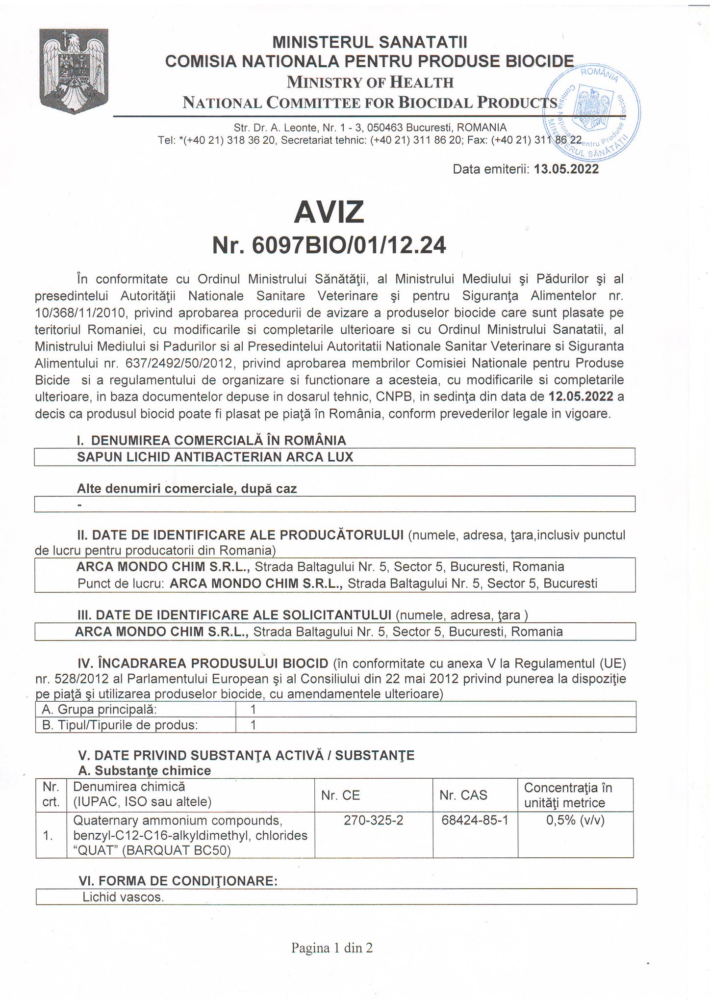 Sapun lichid antibacterian, Produs Biocid, Arca Lux, Bidon 20 L