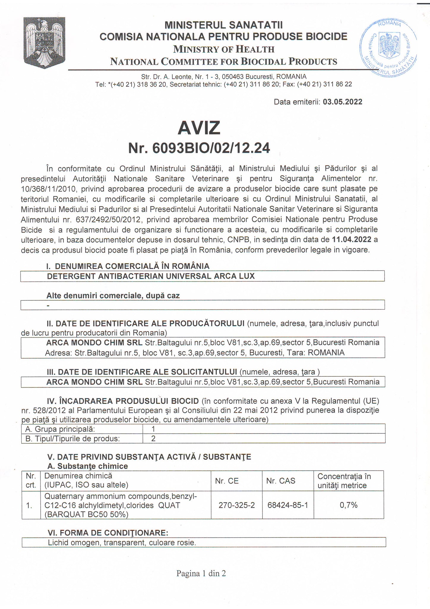 Detergent universal antibacterian si de vesela, Produs Biocid, Arca Lux, Bidon 20 L