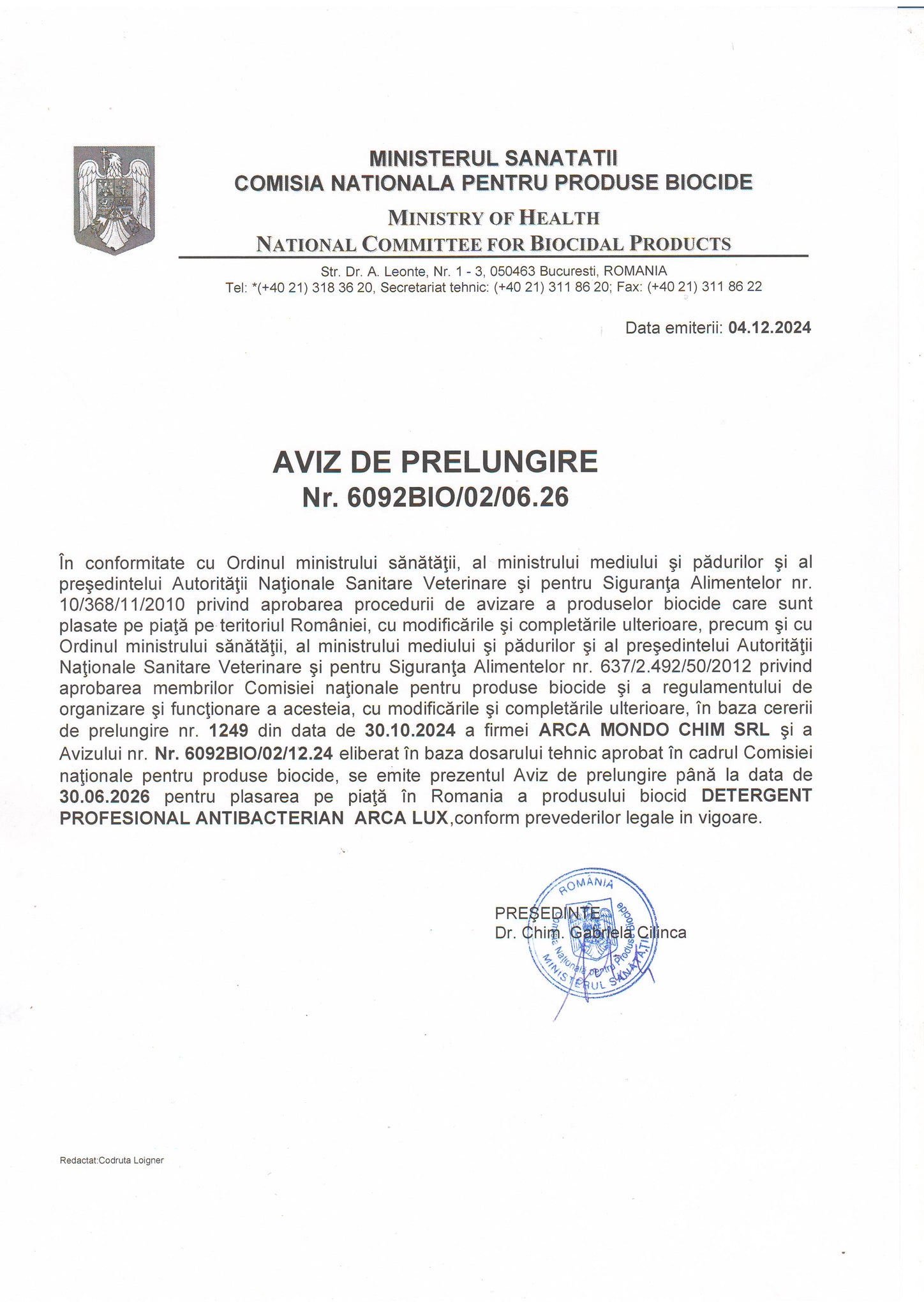 Detergent profesional antibacterian, Produs Biocid, Arca Lux, bidon 20 L